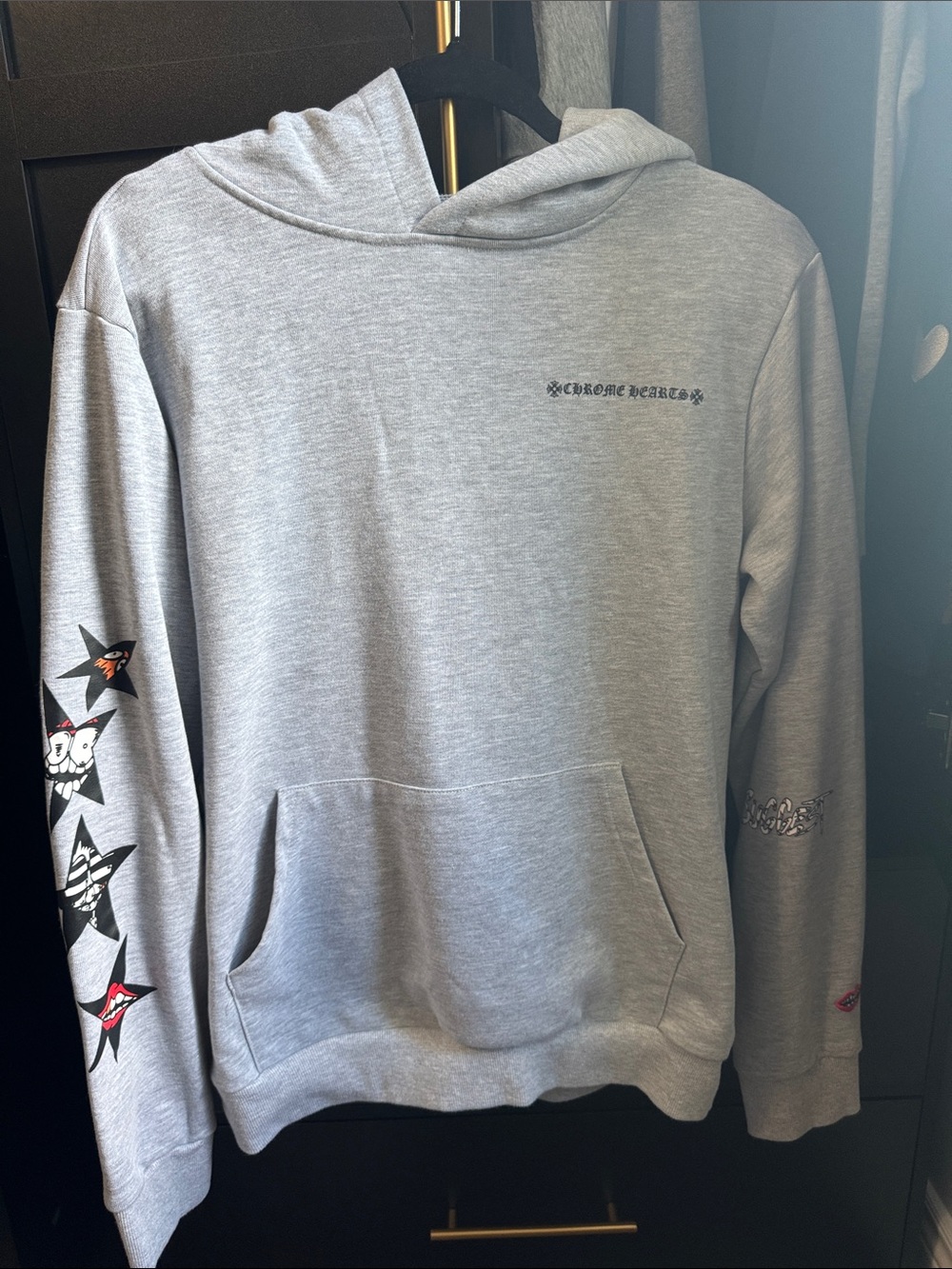 REAL CHROME HEARTS Light Gray Graphic Hoodie - Medium, Mens